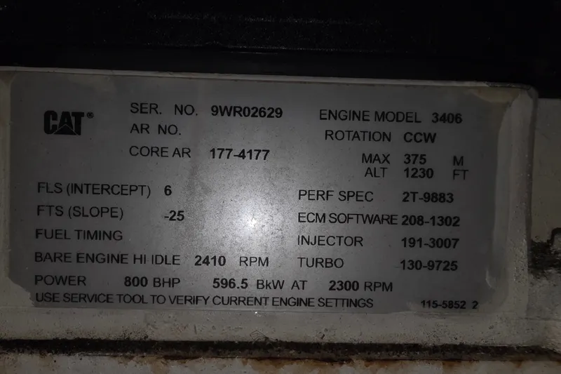 Slide: The Image of CAT engine model 3406 specifications plate for Neptunus 56 Flybridge, 2002. - 37