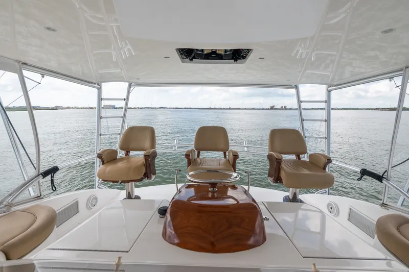 Slide: The Image of Luxurious 2014 Viking 70C yacht helm with leather seats and ocean view. - 37