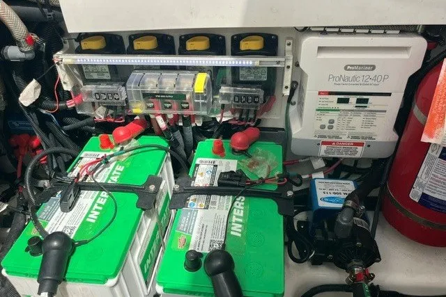 Slide: The Image of Electrical system of a 2019 Boston Whaler 380 Realm with batteries and ProNautic charger. - 22