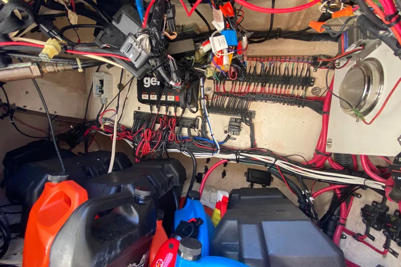 Slide: The Image of Electrical wiring and components inside a 2001 Intrepid 377 Walkaround boat. - 43
