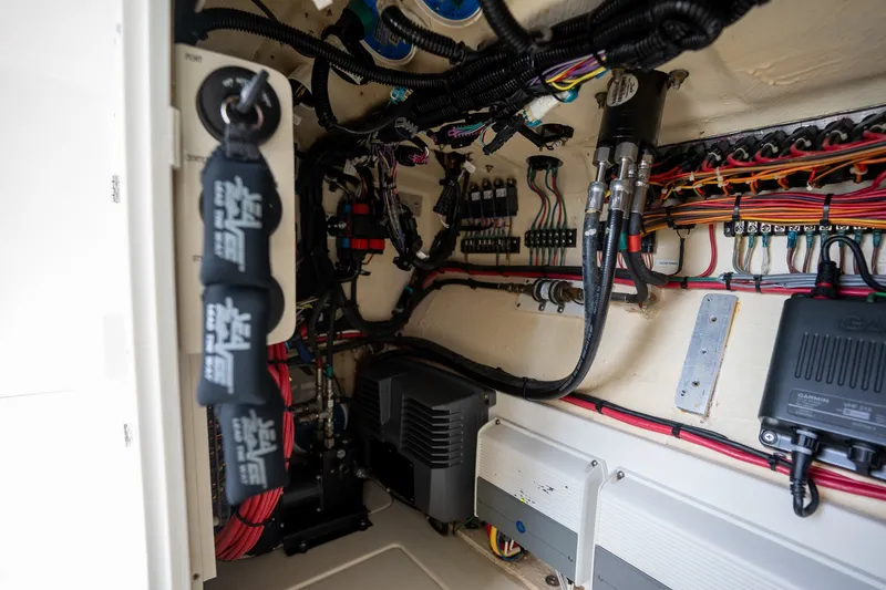Slide: The Image of Electrical wiring and components inside a 2017 SeaVee 390Z boat. - 22