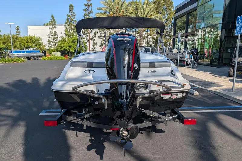 Slide: The Image of 2027 Tahoe T18 boat with outboard motor in a parking lot. - 8