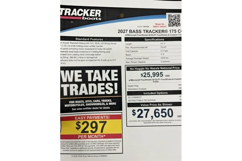 Slide: The Image of 2027 Tracker Bass Tracker 175 CC boat pricing and trade-in offer details. - 39