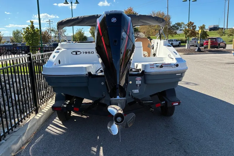 Slide: The Image of Tahoe 1950 boat, 2027 model, parked outdoors with outboard motor visible. - 3