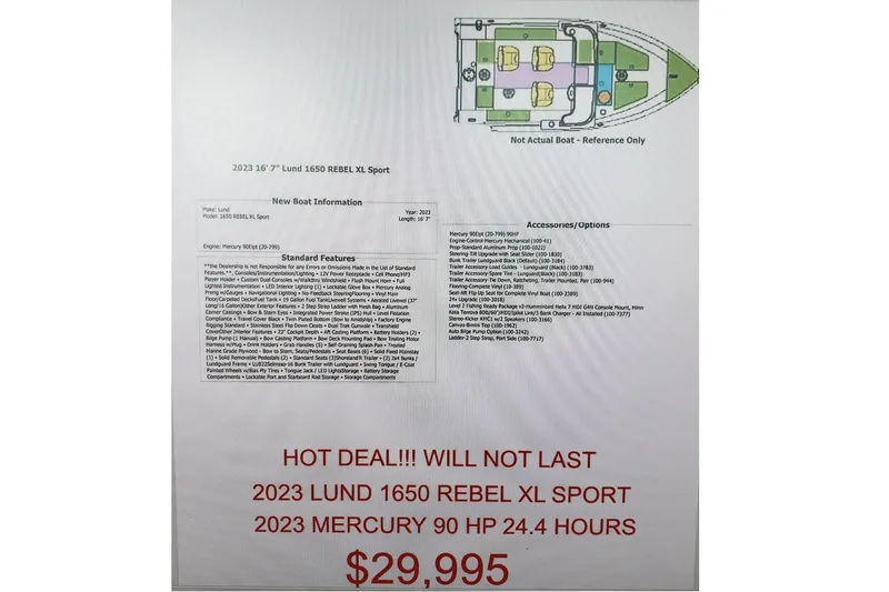 Slide: The Image of 2023 Lund 1650 Rebel XL Sport boat sale, featuring Mercury 90 HP engine, priced at $29,995. - 14