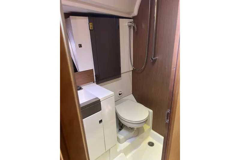 Slide: The Image of Bathroom interior of 2013 Jeanneau Sun Odyssey 44 DS yacht, featuring modern fixtures. - 23