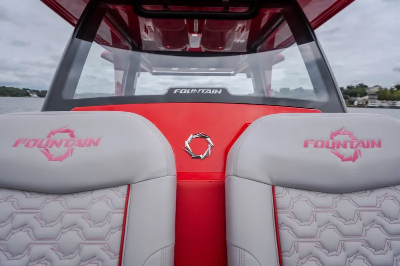 Slide: The Image of 2024 Fountain 38 SCX boat interior with branded seats and sleek design. - 79