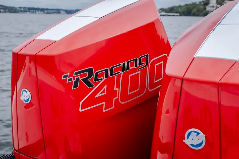Slide: The Image of Red Mercury Racing 400 outboard engines on a 2024 Fountain 38 SCX boat. - 22