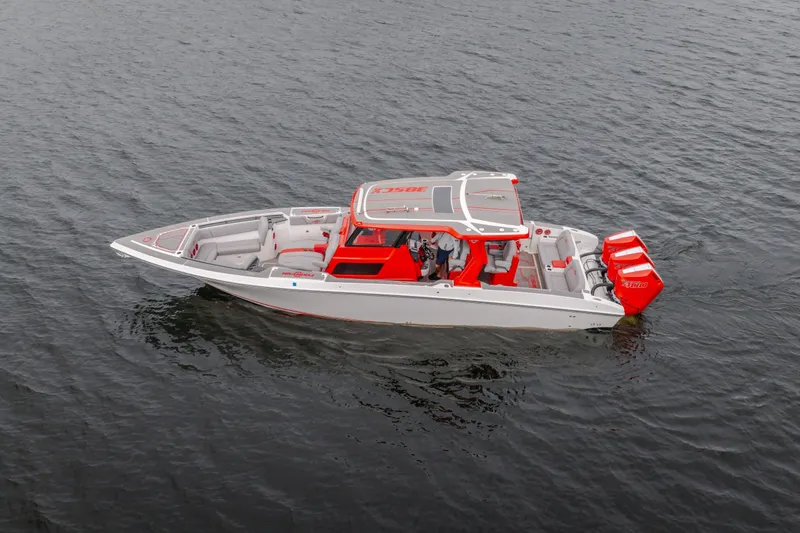 Slide: The Image of 2024 Fountain 38 SCX boat with red accents on water. - 5