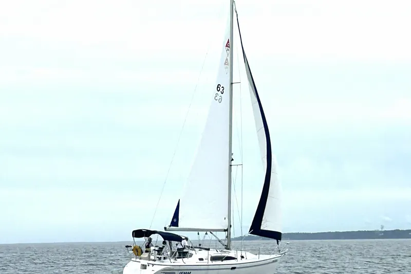 Slide: The Image of Sailboat Catalina 309, 2007 model, cruising on open water under cloudy skies. - 2