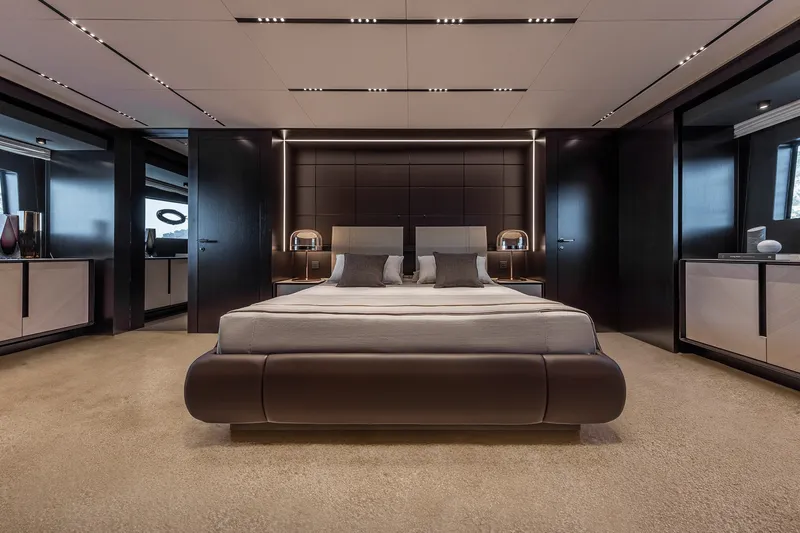 Slide: The Image of Luxurious bedroom interior on 2026 Pershing GTX116 yacht, featuring modern design and elegant furnishings. - 24