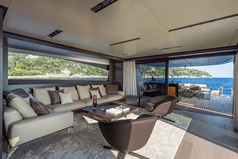Slide: The Image of Luxurious interior of 2026 Pershing GTX116 yacht with ocean view and elegant seating. - 19