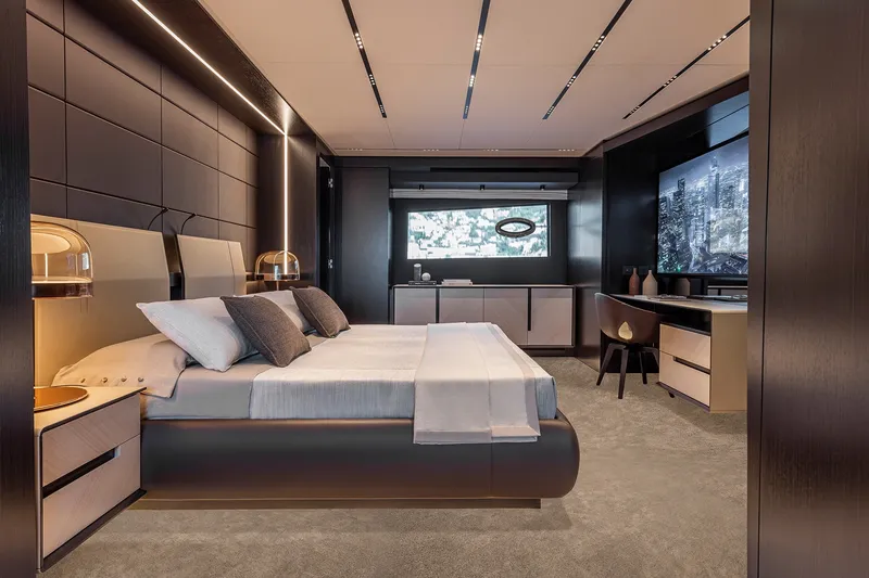 Slide: The Image of Luxurious bedroom interior on 2026 Pershing GTX116 yacht, featuring modern design and elegant furnishings. - 21