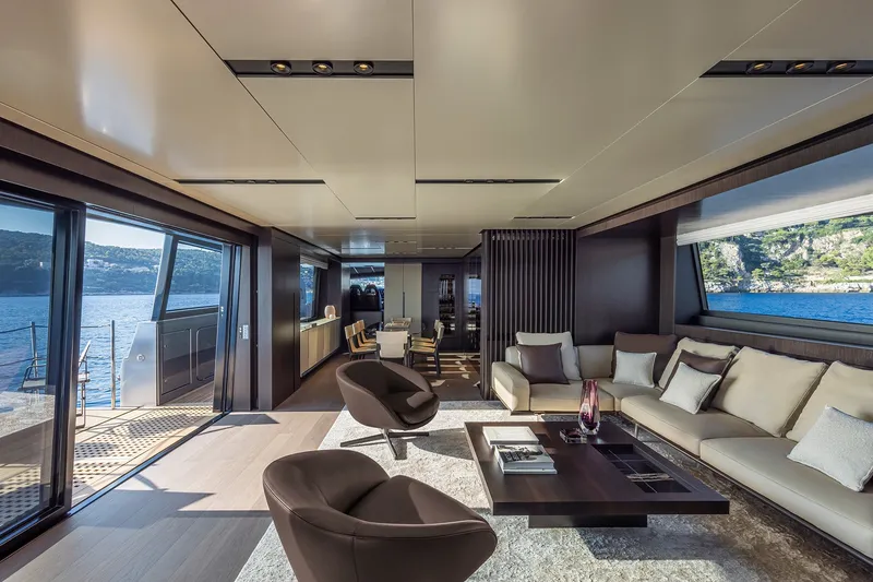 Slide: The Image of Luxurious interior of 2026 Pershing GTX116 yacht with modern furnishings and scenic ocean views. - 18