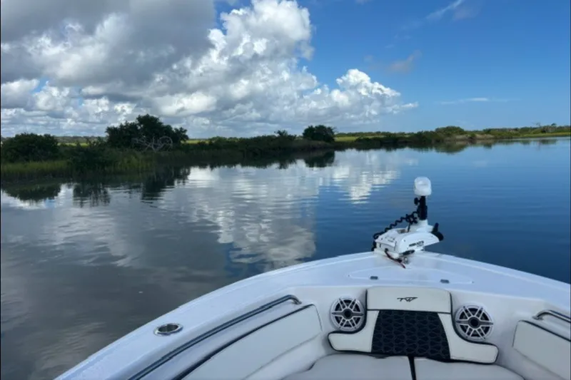Slide: The Image of 2025 Tidewater 210 LXF boat on calm water under a partly cloudy sky. - 17