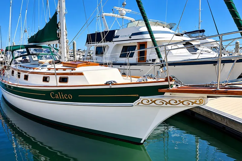 Slide: The Image of 1988 Gozzard Cutter 36 sailboat named Calico docked in a marina. - 3