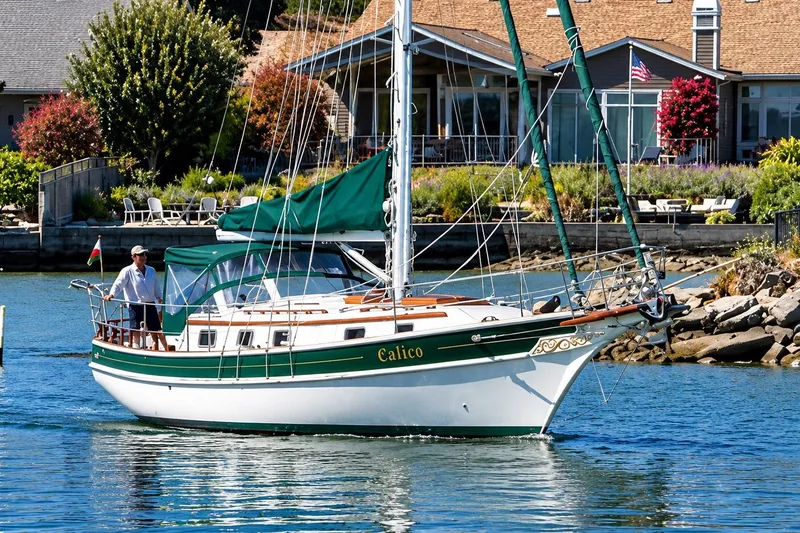 Slide: The Image of 1988 Gozzard Cutter 36 sailboat cruising near waterfront homes. - 6