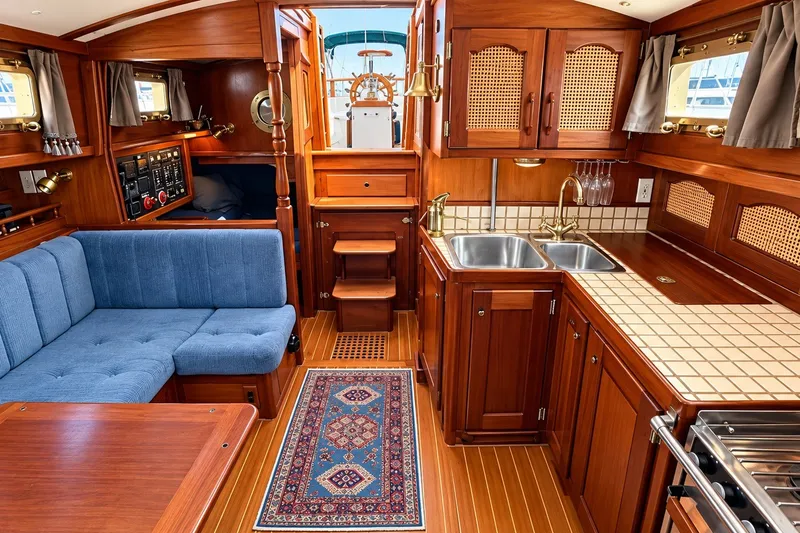 Slide: The Image of Luxurious 1988 Gozzard Cutter 36 yacht interior with wood finish, blue seating, and dual sinks. - 20
