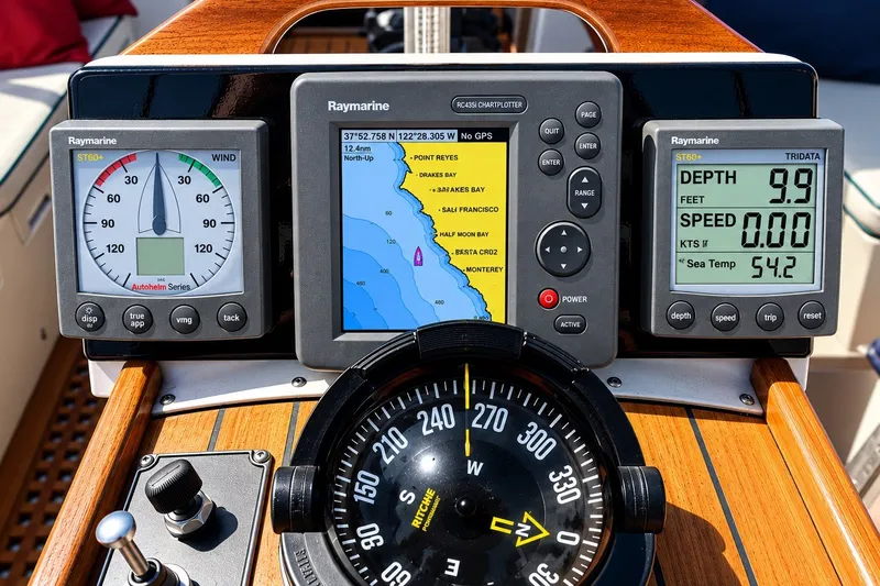 Slide: The Image of Navigation instruments on a 1988 Gozzard Cutter 36 sailboat, featuring Raymarine displays and compass. - 27