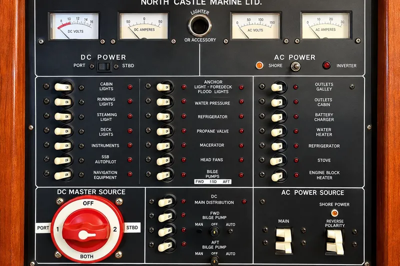 Slide: The Image of Electrical control panel of a 1988 Gozzard Cutter 36 sailboat, featuring DC and AC power switches. - 26