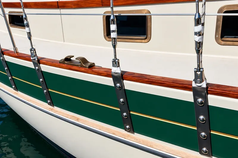 Slide: The Image of Close-up of 1988 Gozzard Cutter 36 sailboat with green and wood accents. - 9