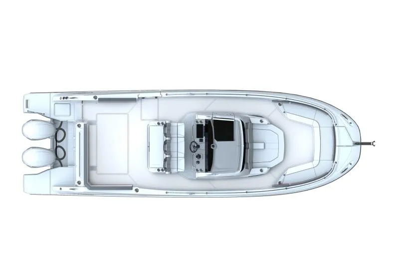 The Image of Top view of a modern motorboat with twin outboard engines and a central helm station. - 1
