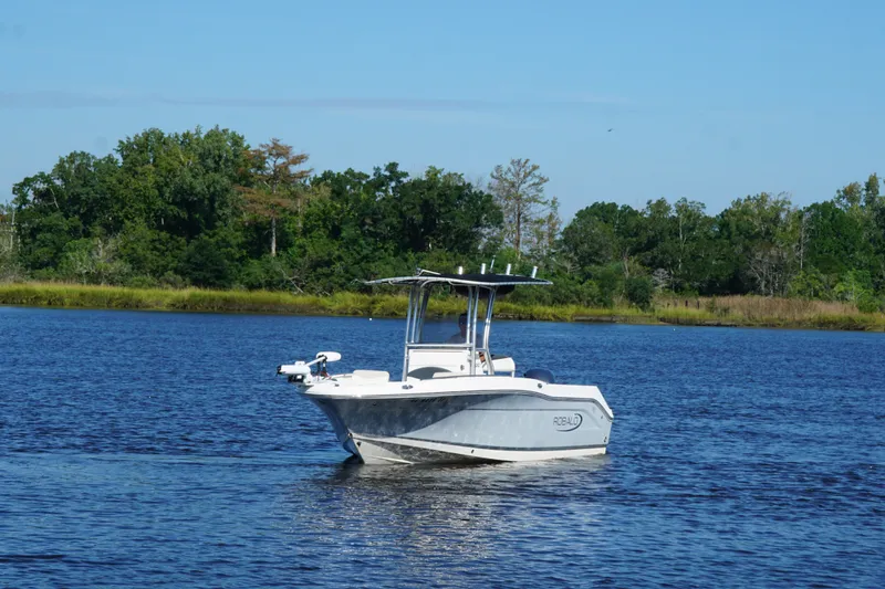 The Image of 2020 Robalo R200 Center Console boat on a serene lake with lush greenery. - 1