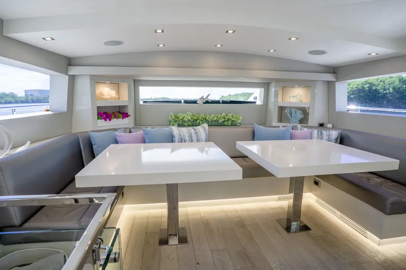 Slide: The Image of Luxurious interior of 2018 Hatteras M75 Panacera yacht with elegant seating and modern decor. - 39