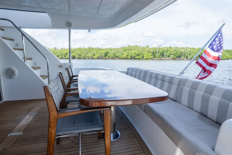 Slide: The Image of Luxury deck of 2018 Hatteras M75 Panacera yacht with seating and American flag. - 28