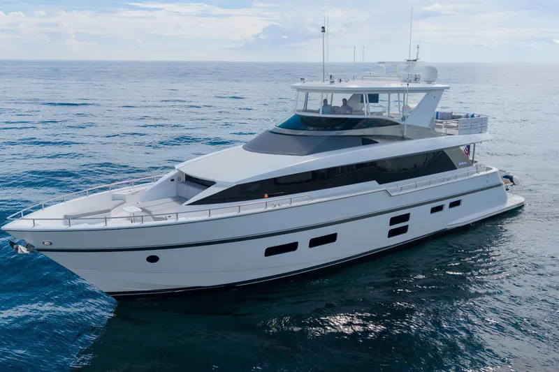 Slide: The Image of 2018 Hatteras M75 Panacera yacht cruising on open sea. - 2