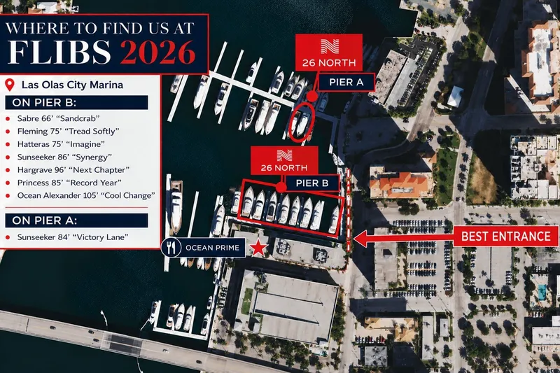 Slide: The Image of Map of FLIBS 2026 at Las Olas City Marina, highlighting yacht locations. - 8