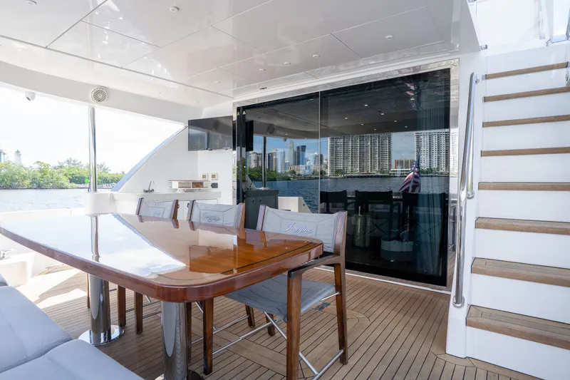 Slide: The Image of Luxurious 2018 Hatteras M75 Panacera yacht deck with elegant dining area and waterfront view. - 27
