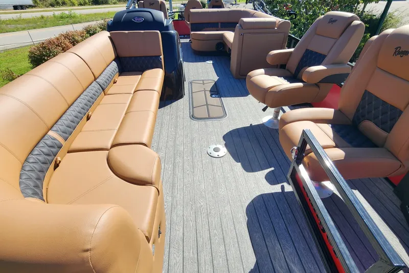 Slide: The Image of Luxurious interior of 2027 Ranger Pontoon 223FC with plush seating and modern design. - 4
