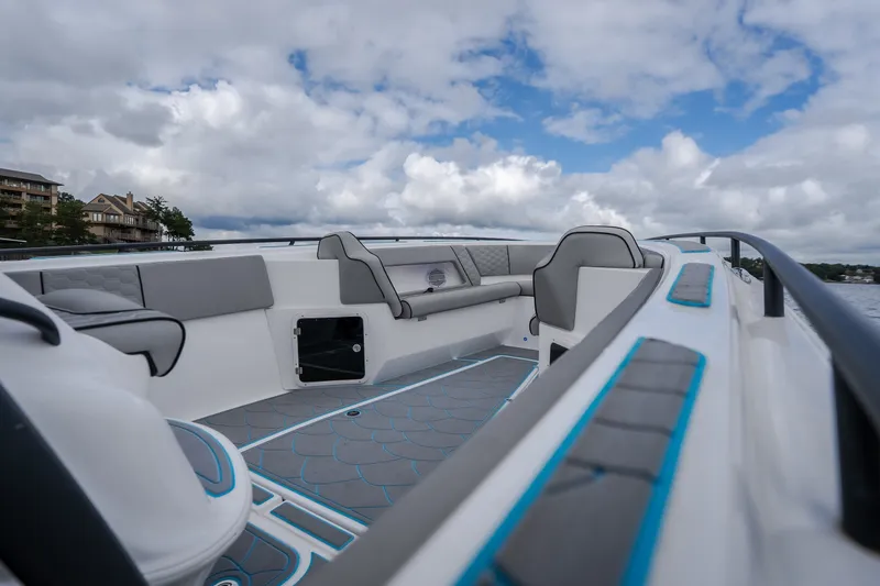 Slide: The Image of 2024 Glasstream 32 GSX boat interior with modern seating and sleek design. - 34