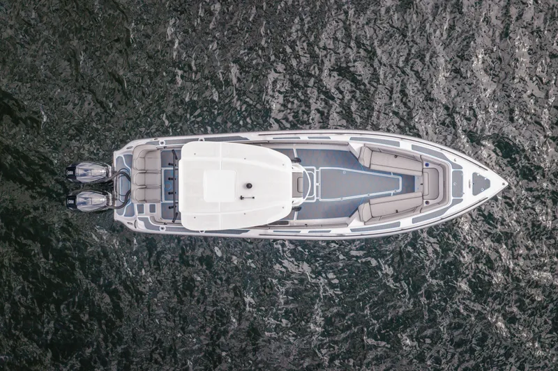Slide: The Image of Aerial view of 2024 Glasstream 32 GSX boat on water. - 56
