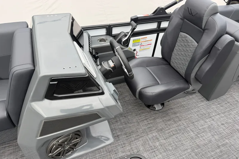 Slide: The Image of Luxurious interior of 2027 Whisper VISION RLS 23V boat with sleek gray seating. - 17