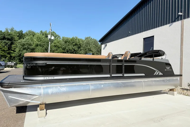 The Image of 2027 Whisper RLS 23V pontoon boat with sleek black design and tan seating. - 2