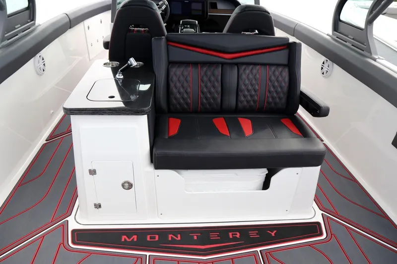 Slide: The Image of Luxurious interior of 2027 Monterey Elite 30 OB boat with stylish seating and modern design. - 10
