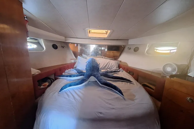 Slide: The Image of Cozy cabin interior of 1988 Birchwood 44TS yacht with plush octopus on bed. - 30