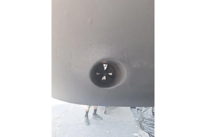 Slide: The Image of Bottom view of a 1988 Birchwood 44TS boat hull with a thruster opening. - 50