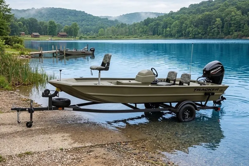 The Image of 2027 Tracker Grizzly 1754 SC boat on trailer by scenic lake. - 0
