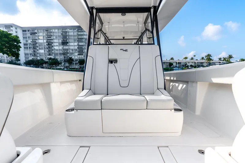 Slide: The Image of 2023 SeaVee 370Z boat interior with sleek seating and modern design. - 33