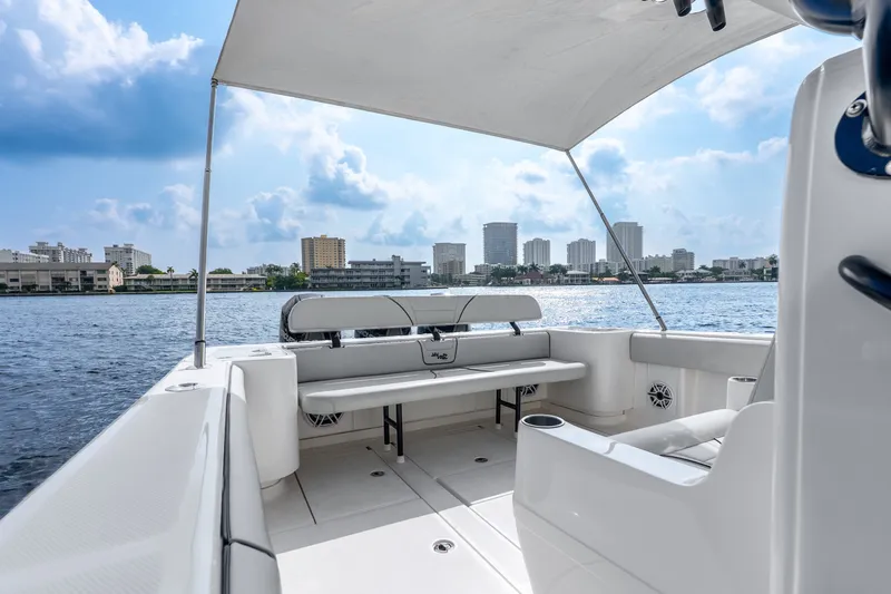 Slide: The Image of 2023 SeaVee 370Z boat interior with city skyline and blue sky background. - 67