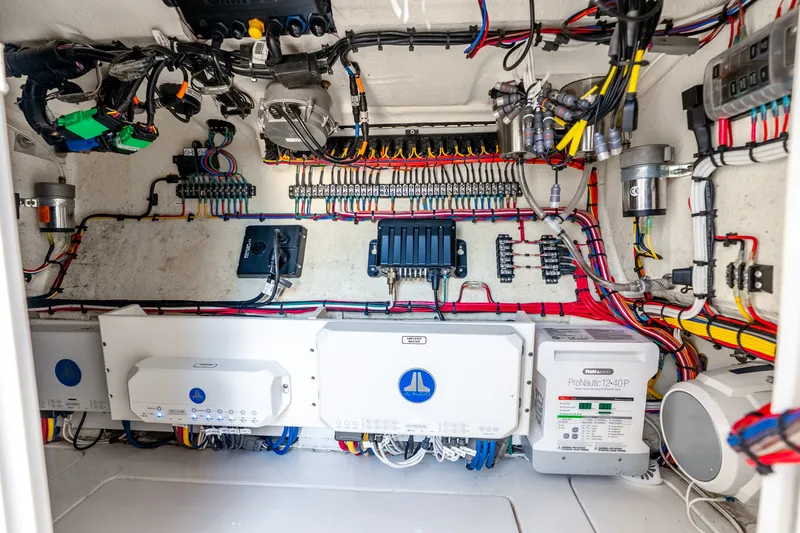 Slide: The Image of Electrical system of 2023 SeaVee 370Z boat, showcasing organized wiring and components. - 27