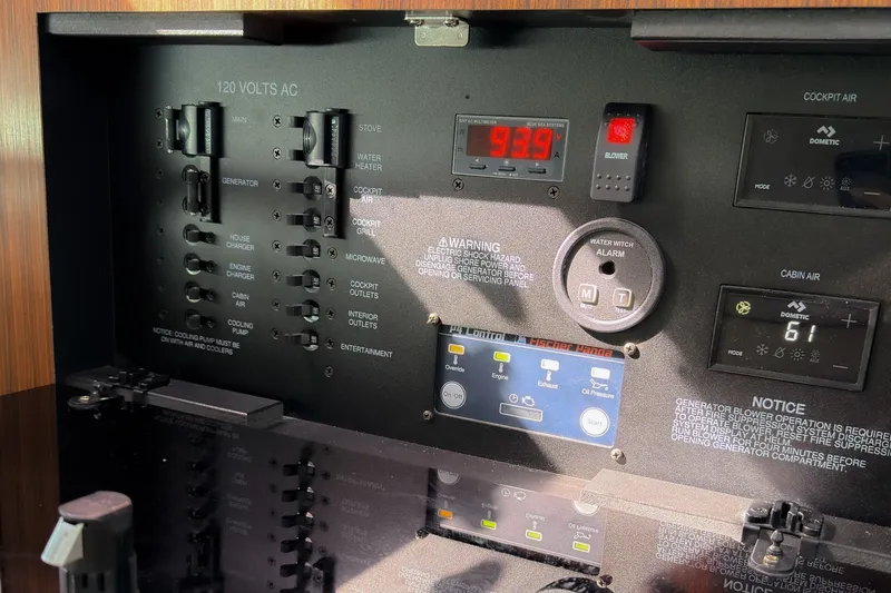 Slide: The Image of Electrical control panel of 2023 Pursuit OS 325 Offshore boat, featuring various switches and displays. - 14