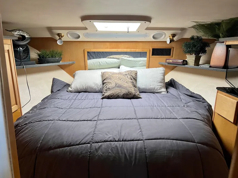 Slide: The Image of Das Bild zeigt eine gemütliche Kabine mit einem großen Bett, dekorativen Kissen und Pflanzen. - 22