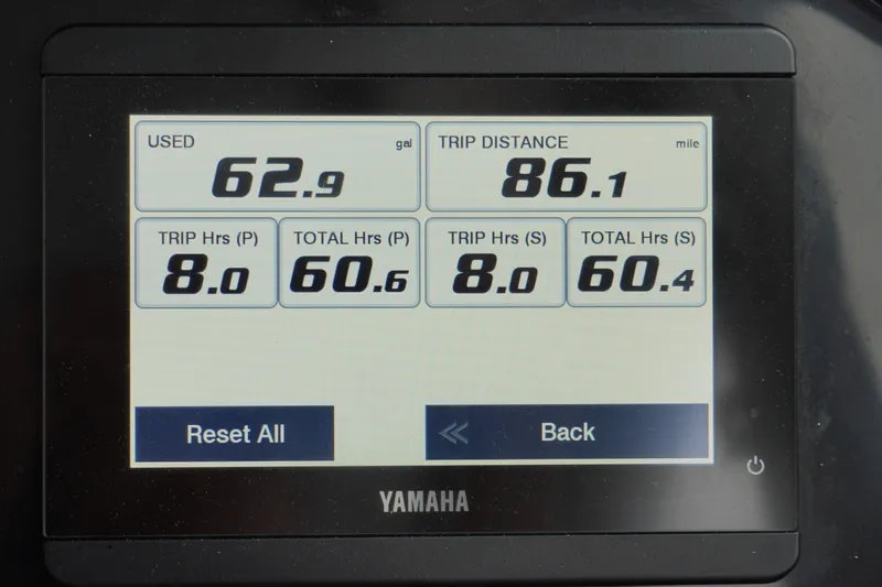 Slide: The Image of Yamaha display showing fuel usage and trip data for 2024 Jeanneau NC Sport 895. - 18
