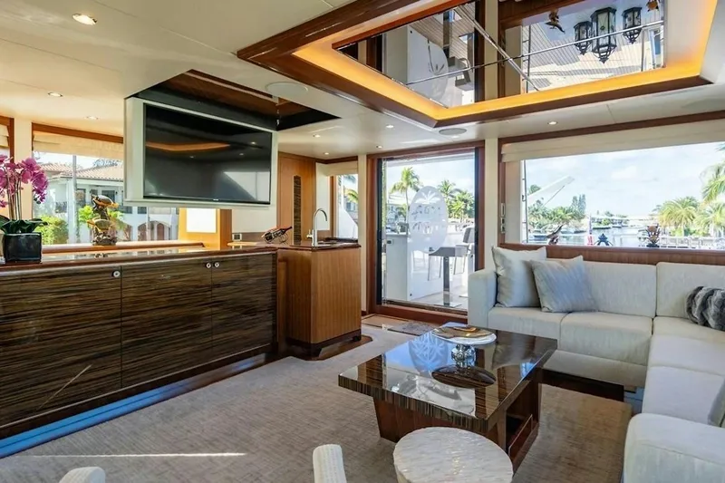 Slide: The Image of Luxurious interior of 2020 Ocean Alexander 100 Skylounge Megayacht with modern decor and large windows. - 25
