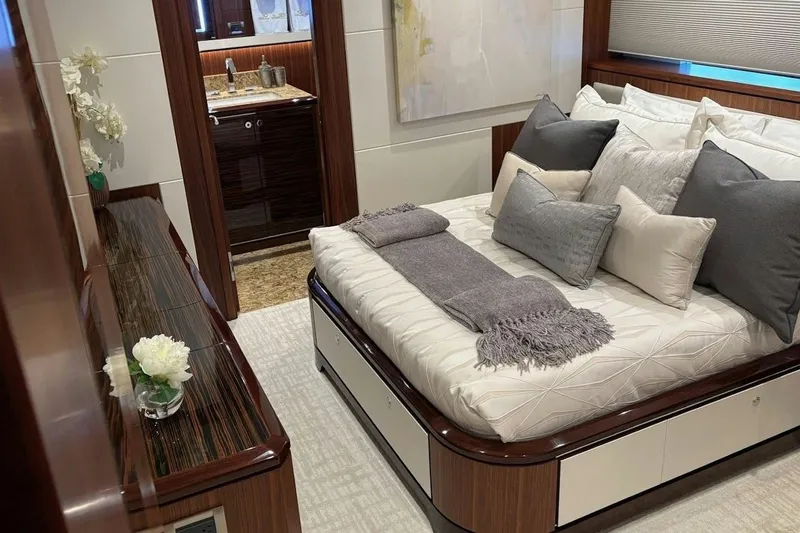 Slide: The Image of Luxurious bedroom interior of 2020 Ocean Alexander 100 Skylounge Megayacht with elegant decor. - 16