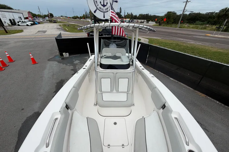 Slide: The Image of 2020 Sea Fox 228 Commander boat, white interior, parked on a street with traffic cones. - 51